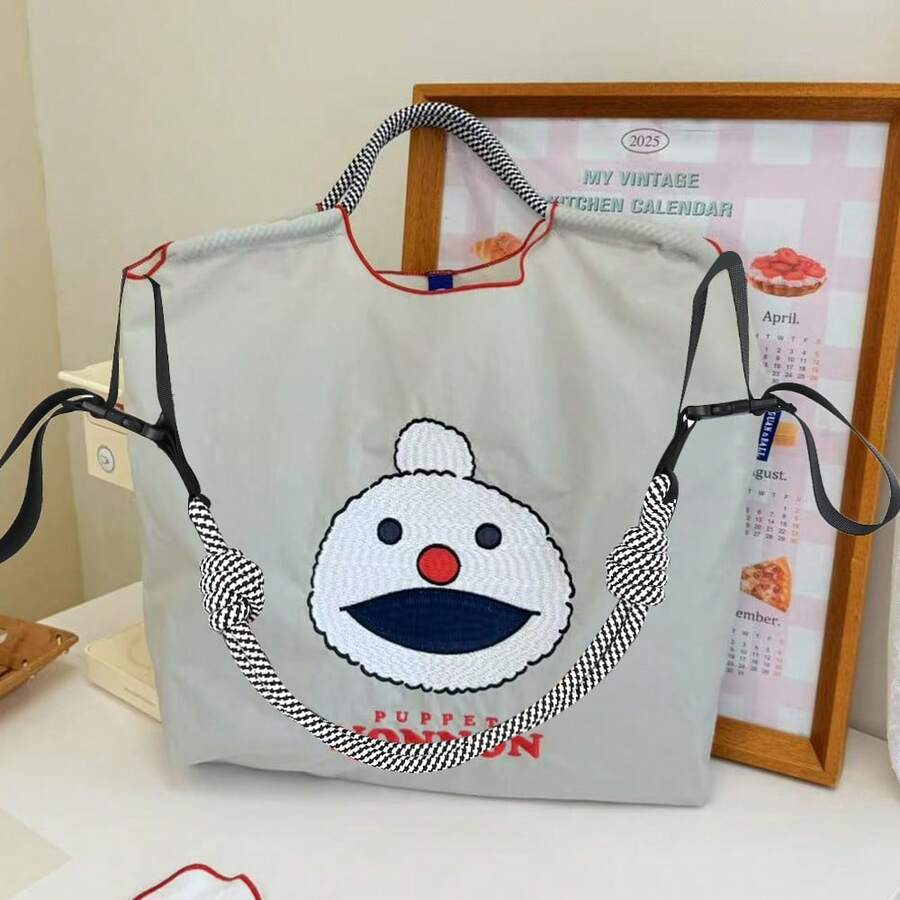 1 Stück Puppen-Symbol Nylon Segeltuch Tragetasche, geeignet für Einkaufen, Reisen, Arbeit, Schule, Damen Schultertasche, wasserabweisende Umhängetasche, hellgrau