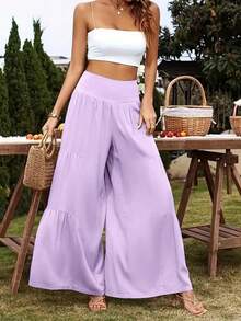 Women's Solid Color Loose Wide Leg Patchwork Design Casual Elegant Pants, Suitable For Spring, Summer, Autumn, Winter, Fashion, Versatile, Suitable For Vacation, Travel, Music Festival, Date, Commute - Purple - View 9