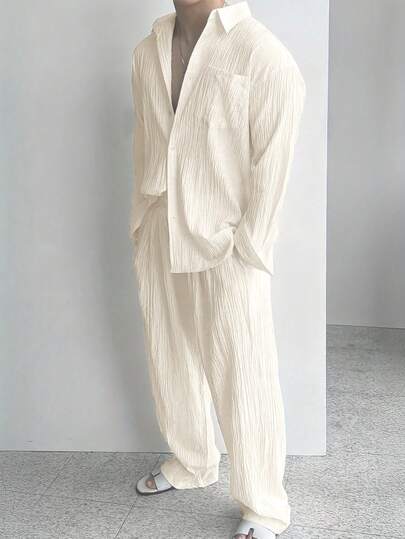 Men Breathable Casual Textured Fabric Solid Color Lapel Button-Up Long Sleeve Pocket Design Loose Thin Shirt, Paired With Solid Color Pants, Ideal For Outings And Commuting, 2 Pieces Set, Fall Clothes