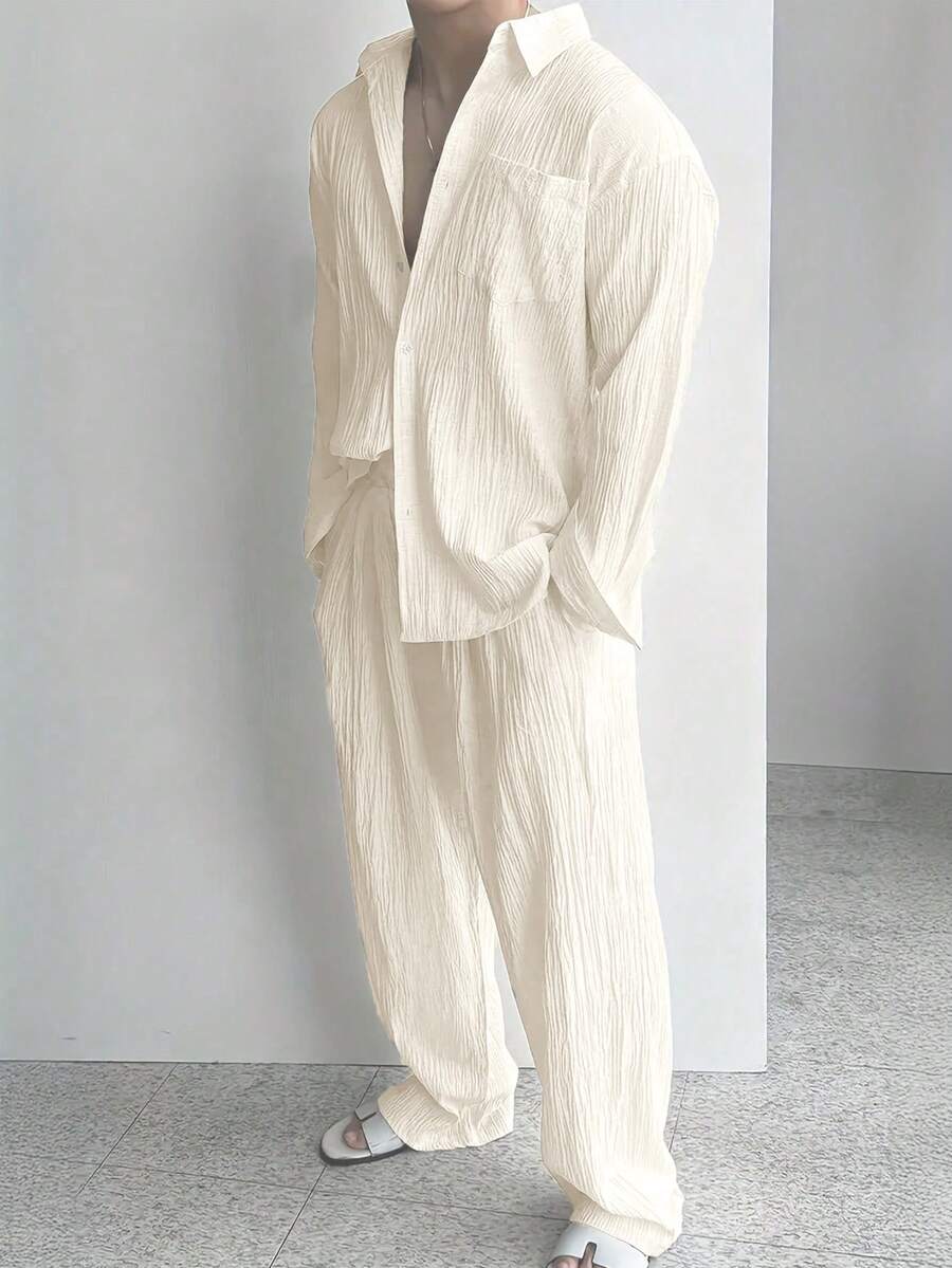 Men Breathable Casual Textured Fabric Solid Color Lapel Button-Up Long Sleeve Pocket Design Loose Thin Shirt, Paired With Solid Color Pants, Ideal For Outings And Commuting, 2 Pieces Set, Fall Clothes - Apricot - View 1