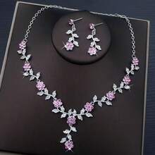 1pc Women's Pink Valentine's Day/Birthday Crown Necklace & Earrings Set, Suitable As Valentine's Gift And For Party Occasions