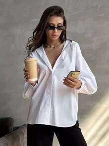 Women's Linen Fall Winter Work Shirt, Elegant Casual White Top, Perfect For 2026 Graduation & Commuting | Fall Winter Wear - White - View 7