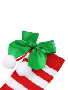 1 par de calcetines largos a la rodilla con rayas, pompones y moños para niñas y adolescentes en Navidad