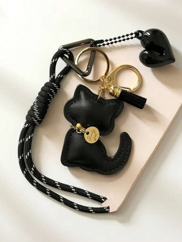 1个手工可爱钥匙扣，卡通猫流苏设计钥匙扣，3D心形吊坠PU皮革钥匙扣 - 卡通长方形包包装饰趣味设计，适用于背包、斜挎包、单肩包、钥匙扣、汽车配件、女士时尚配饰以及圣诞节/情人节礼物。 - 彩色 - 查看 2