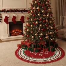 1pc Christmas Tree Skirt, Red, Holiday Atmosphere, Velvet Kitchen Rug Bathroom Decor - Red - View 4