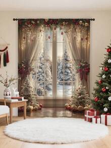 1pc Christmas New Christmas Ball Christmas Element Pattern Advanced Decorative Pole Curtains, Four Seasons Universal, Used For Outdoor, Pavilions, Bedroom, Kitchen, Office, Study, Living Room - Semi Blackout Window Screens And Curtains