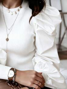 Áo nữ màu trơn cổ tròn tay phồng thời trang mùa xuân - trắng - Xem 2