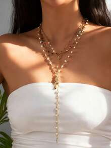 Set 3 buc colier cu pandantiv metalic în formă de cruce multistrat sexy, colier elegant cu perle false în formă de Y pentru femei, potrivit pentru cadouri de zi cu zi, petrecere, sărbători