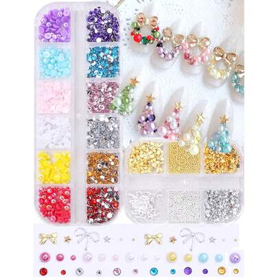 1/2件圣诞主题彩色水钻珍珠合金美甲装饰套装，包含丝带蝴蝶结星星美甲饰品，适合DIY圣诞树花环设计、节日美甲配件、美甲用品