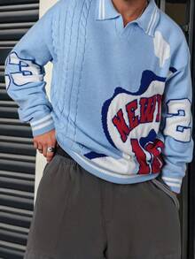 Jersey de cuello de polo con patrón de letras y números en inglés, unicolor, suelto y casual, con cuerda retorcida, lindo y juvenil, para otoño/invierno