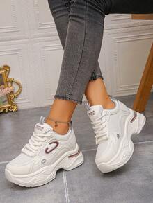 Women's Solid Color Thick Sole Sneakers With Front Tie Closure, Outdoor Tennis Shoes With Mesh Detailing, Khaki