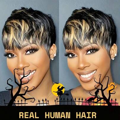 Pixie Cut Wig For Human Hair 1B30 Short Wigs For Women Human Hair Quick Get Up And Go Wig Short Layered Wig Hair Replacement Valentine's Day, Halloween Costumes,Daily Use Glueless Short Real Human Hair Wigs With Bangs None Lace Front Haircut Wigs Full Machine Made Wig