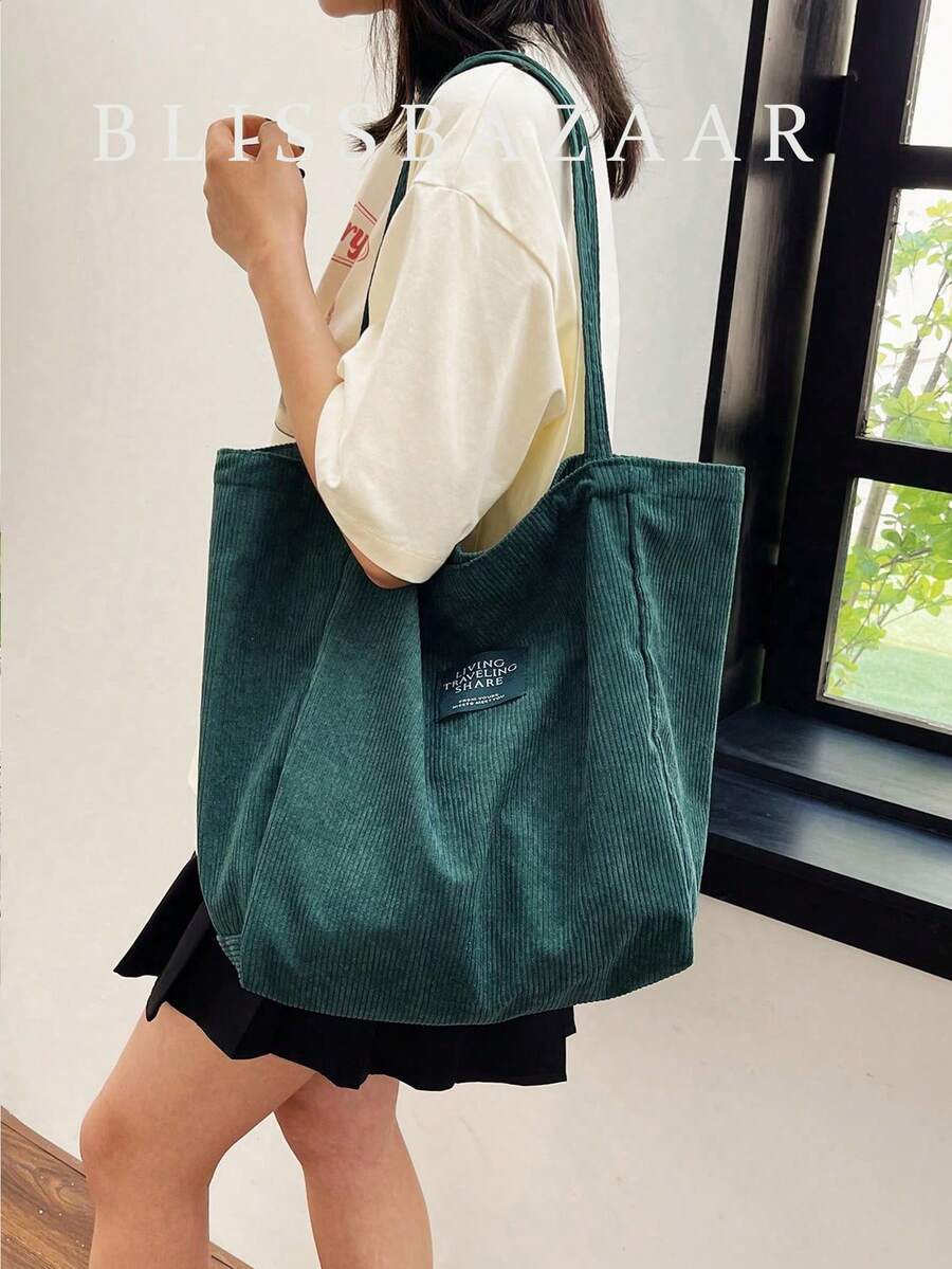 1pc Solid Color Corduroy Material Large Capacity Foldable Lightweight Fashion Shoulder Tote Bag For Women, Daily Use, Perfectly Matching With Fall Outfits Women - Dark Green - View 1