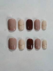 10 pezzi di unghie finte corte a forma ovale, realizzate a mano, di colore bianco crema e marrone, in stile semplice e versatile con linee semplici, adatte per donne e ragazze, per l'autunno, l'inverno, festival, San Valentino, feste e uso quotidiano