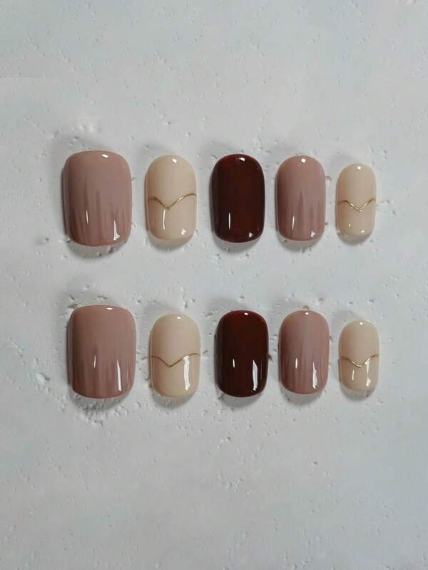 10 pezzi di unghie finte corte a forma ovale, realizzate a mano, di colore bianco crema e marrone, in stile semplice e versatile con linee semplici, adatte per donne e ragazze, per l'autunno, l'inverno, festival, San Valentino, feste e uso quotidiano