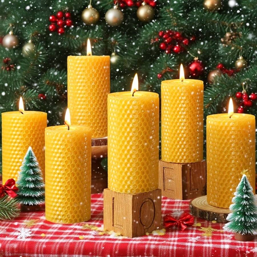 4/6pcs Handmade Rolled Beeswax Candles, Handcrafted Honeycomb Beeswax Pillar Candles, Bee Farm Gifts, Suitable For Candle Lovers, Home Decor, Christmas Decoration (4 X 10cm)