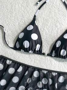 Bộ đồ 3 món gợi cảm, thanh lịch, tối giản dành cho nữ, gồm áo bikini buộc dây cổ in chấm bi toàn thân và chân váy đính cườm, trang phục dự tiệc đi biển, bộ đồ nghỉ mát mùa xuân/hè mới về. - màu đen - Xem 4