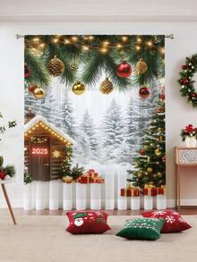 1pc Christmas Gift Christmas Snowman, Reindeer, Christmas Tree Atmosphere Decorative Sheer Curtain, Translucent But Not See-Through Window Voile Curtain, Suitable For Living Room And Bedroom, Door Curtain, Kitchen Curtain, Noise Reduction, Christmas Decorative Rod Pocket Sheer Curtain (100g Fabric Weight)
