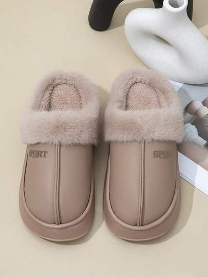 New Women's House Slippers, Flocking Letter Connecting Craft, Long Plush Patchwork Design Fabric Plush Lining EVA Outsole, Warm, Lightweight And Comfortable For Winter