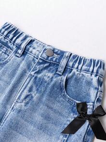 Tween Girl Letter Graphic Print Crew Neck Long Sleeve Top And Denim Pants Set - Grey - View 5