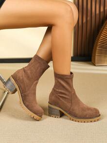 Fall/Winter Vintage Green Chunky High Heel Ankle Boots, Boots For Women - Olive Green - View 1