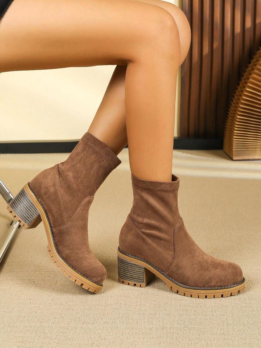 Fall/Winter Vintage Green Chunky High Heel Ankle Boots, Boots For Women - Olive Green - View 1