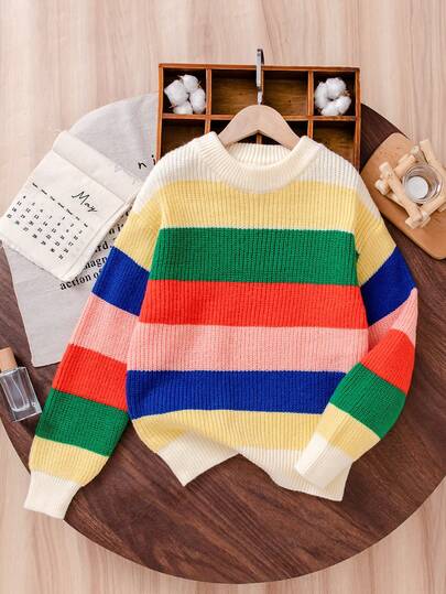 Mädchen Lässig Mehrfarbiger Pullover Strickpullover, Herbst/Winter