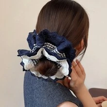 1pc Elegant Lace Multilayer Hollow Floral Hair Scrunchie, Delicate Design, Versatile For Everyday Use ,Hair Ties ,Scrunchy Hair Ties ,Makeup Ponytail Head Accessories Elastic Band - Blue and White - View 5