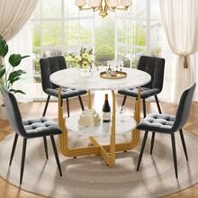 Dining Table Set (5 Pieces), Dining Table Set With 4 Chairs, Modern Dining Table Set For Kitchen, 80cm Diameter Round Kitchen Table With Gold Metal Legs, Marbled MDF Top, Grey Dining Chairs - 1 - View 1