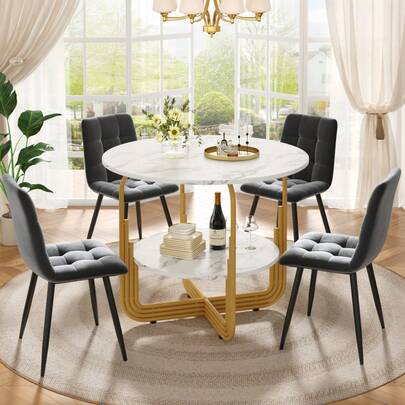 Dining Table Set (5 Pieces), Dining Table Set With 4 Chairs, Modern Dining Table Set For Kitchen, 80cm Diameter Round Kitchen Table With Gold Metal Legs, Marbled MDF Top, Grey Dining Chairs