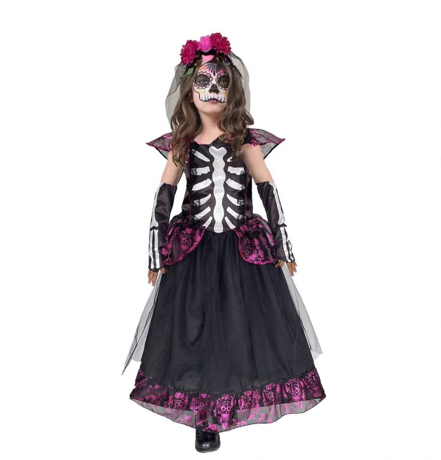 Disfraz De Catrina Niña - Vestido Calavera para Día De Muertos y Halloween - Negro - Ver 1