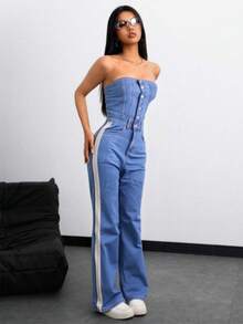 Mono informal para mujer con Top tipo tubo y pernera acampanada de mezclilla,mono sin tirantas de mezclilla para damas,estilo de pierna ancha - Azul - Ver 2