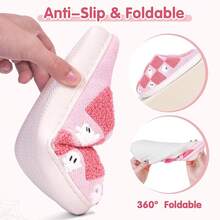 Cozy Plush Halloween Pumpkin Slippers, Non-Slip Fluffy Design - 粉紅色格子 - 查看 6