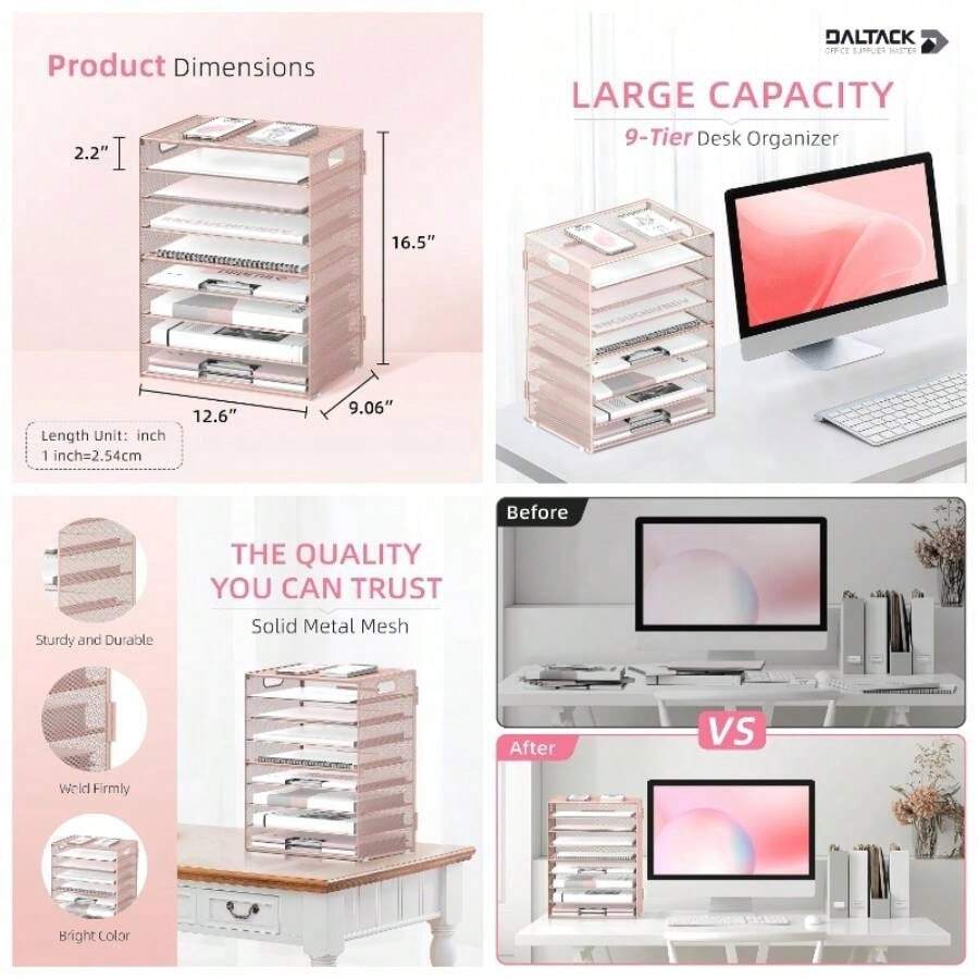 Organizador de computadora de 9 niveles con asas, organizador de malla para archivos, organizador de computadora para oficina, hogar, escuela, color rosa - Organizador de computadora rosa + 1 paquete - Ver 1
