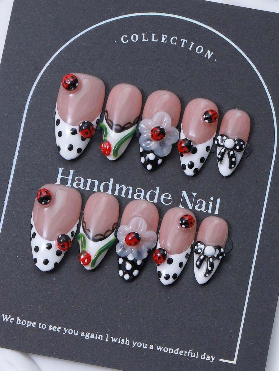 10片/套，按压式美甲贴片，杏仁形甲帽，3D立体雕刻，手绘波点和蝴蝶结。奢华纯手工装饰美甲。提升时尚感。Y2K风格。优雅大气。适合女性和女孩佩戴。手工按压式美甲贴片。 - 彩色 - 查看 1