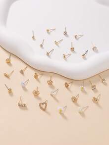 30 Pairs Assorted Cute Metal Stud Earrings Set - Bowknot, Flower, Heart, Snowflake, Rhinestone Designs, Fashion Jewelry Gift For Women, Suitable For Casual And Holiday Wear - Yellow Gold - View 3