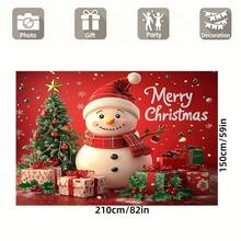 1 Striscione natalizio con pupazzo di neve a scacchi rossi e bianchi, bacche di agrifoglio e fiocchi di neve in tessuto di poliestere, adatto per feste, matrimoni e famiglie sia in ambienti interni che esterni, senza elettricità, disponibile in varie misure, decorazione natalizia, telo di sfondo natalizio.