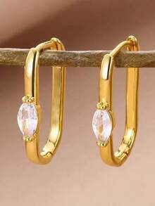 1 Coppia di Orecchini a Cerchio Quadrati con Zirconia Ovale Verde, Placcati in Oro, in Acciaio Inossidabile, Gioielli per Orecchie di Lusso, Regali per Feste