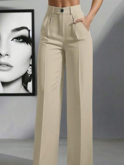 Women's Elegant High Waist Pleated Wide Leg Trousers Casual Office Commuting Drapey Suit Pants With Pockets