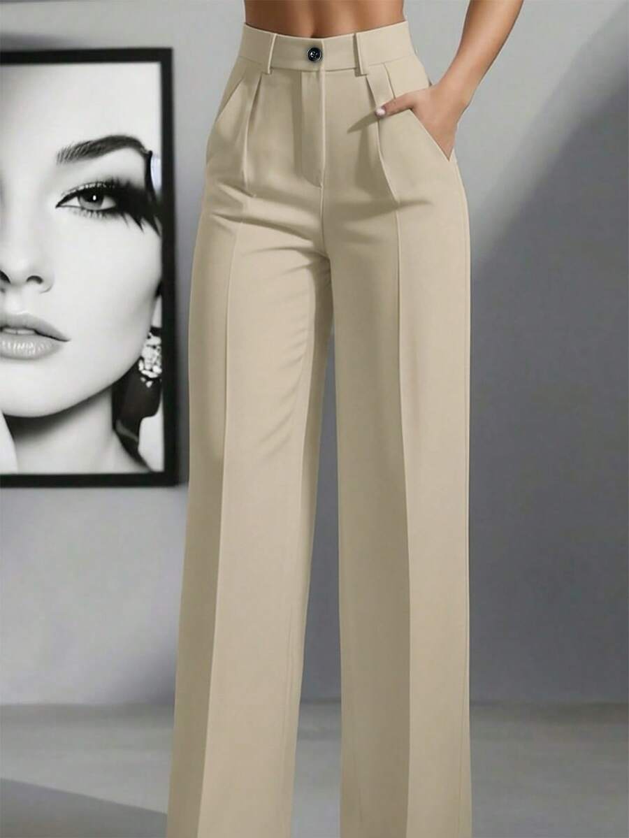 Calça feminina plissada de cintura alta e caimento solto, adequada para uso profissional e casual, primavera/verão