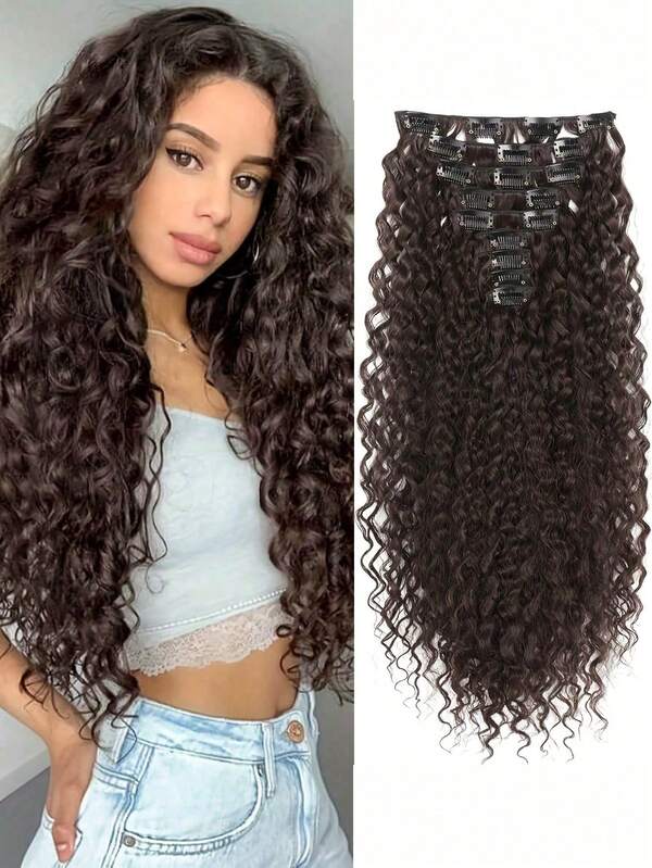 Extensiones de cabello rizado sintético marrón, set de 9 piezas de extensiones de cabello sintético resistentes al calor que forman una cortina de cabello completa