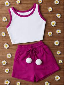 Conjunto para Meninas e Adolescentes Infantil e Juvenil Tween Cropped Regata e Shorts com Pompom Caneado Ribana Super Delicado CJI034 - Púrpura - Visão 2