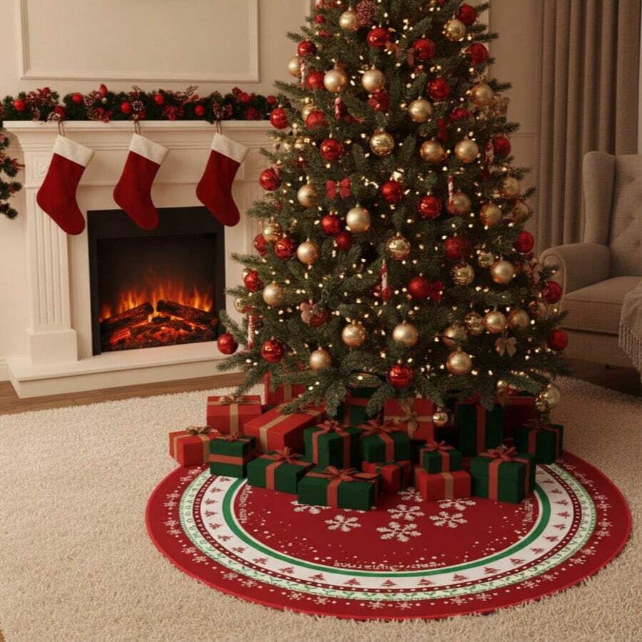 1pc Christmas Tree Skirt, Red, Holiday Atmosphere, Velvet Kitchen Rug Bathroom Decor - Red - View 1