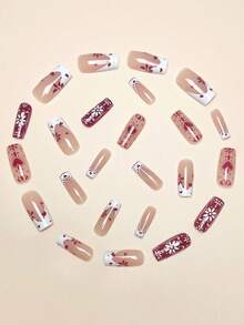 24 móng tay giả hình trái tim đỏ và hoa, thích hợp cho bé gái và phụ nữ, lý tưởng cho ngày lễ tình nhân, các dịp mùa thu/đông, bao gồm gel thạch và dũa móng - Nhiều màu - Xem 3