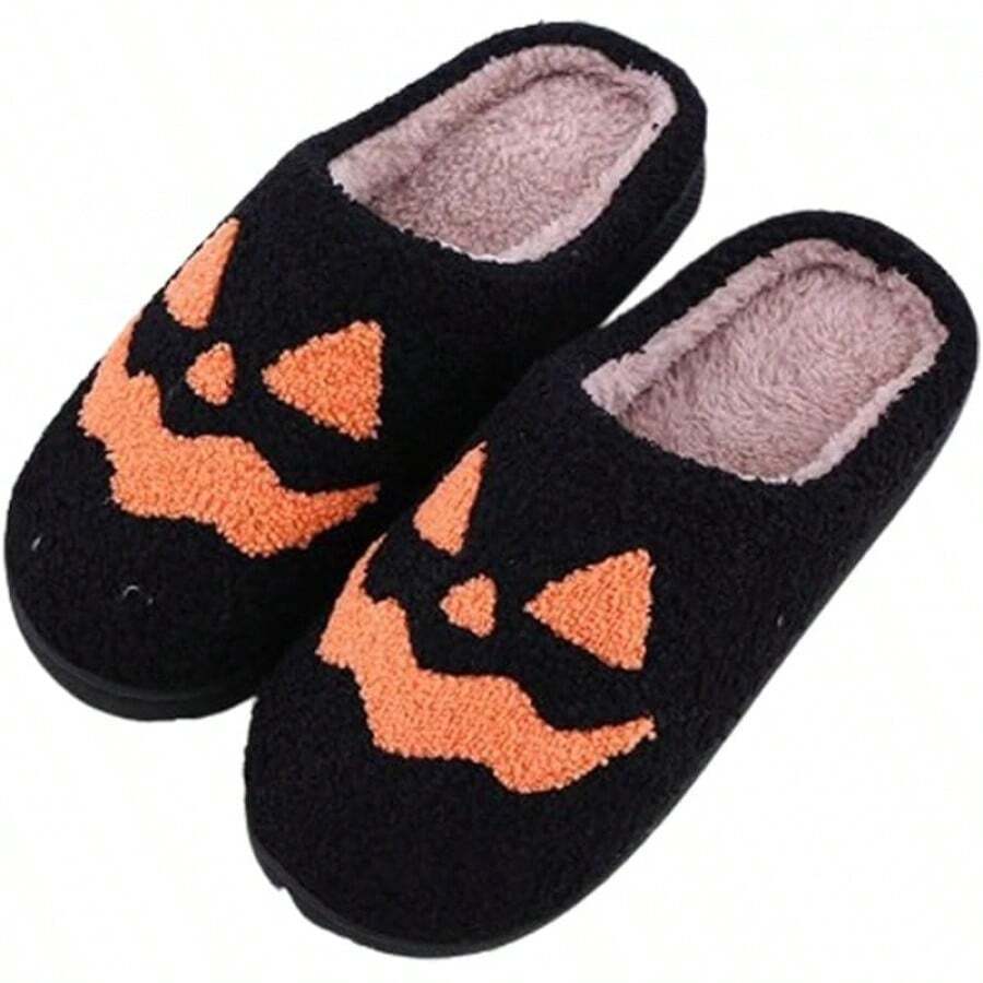 Cozy Plush Halloween Pumpkin Slippers, Non-Slip Fluffy Design - Orange Smile - View 1