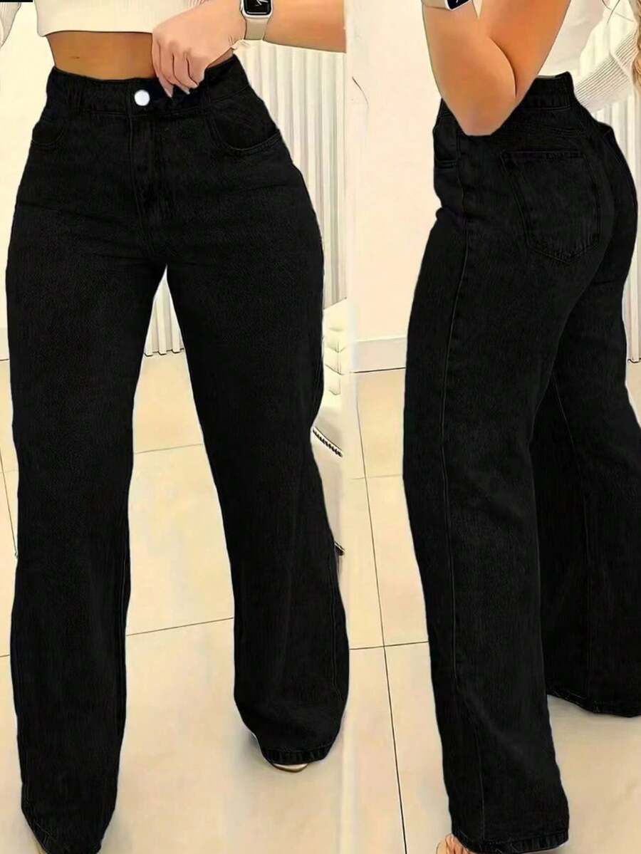 大码女式直筒宽松休闲牛仔裤，带口袋 - 黑色 - 查看 1