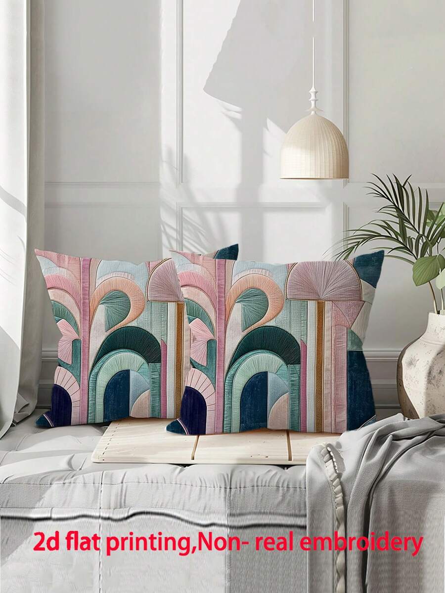 2 件波西米亚几何抽象印花枕套，多种尺寸，2D 单面印花，仿刺绣印花靠垫套，装饰性柔软毛绒沙发枕头，适用于办公室、家庭、卧室、客厅（不含枕芯）- 无刺绣 - 多种尺寸