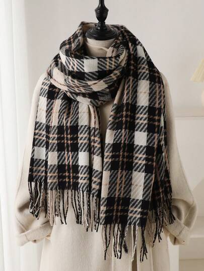 1件秋冬女士优雅复古多色格纹条纹提花仿羊绒围巾/披肩，带流苏，冬季保暖休闲加厚款连衣裙围巾