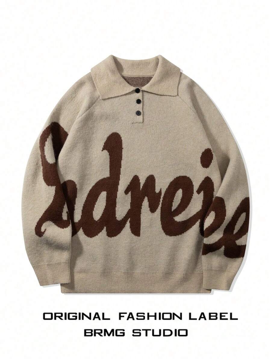 Maglione casual da uomo con colletto polo e motivo a lettera, nuova collezione primavera, top a maniche lunghe - Cachi - Visualizzare 1