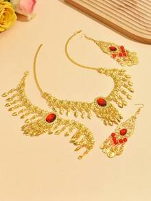 1 Set Glamorous Dance Earrings, Headdress, Necklace Combination, Shiny Gold Tassel Bridal Dance Accessories Set